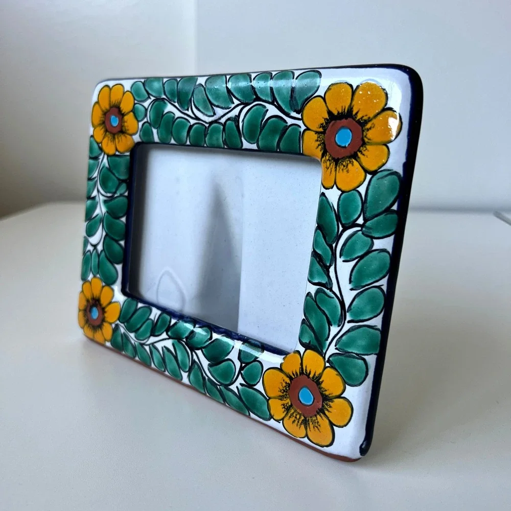Hand Painted Talavera Ceramic Picture Frame Mexico Floral Fits 4x6 Photo